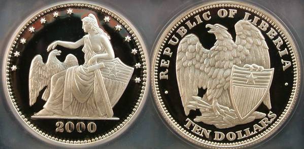 Liberia USA Tribute - Liberty w/ Eagle, Sword &amp; Shields  $10 Dollars