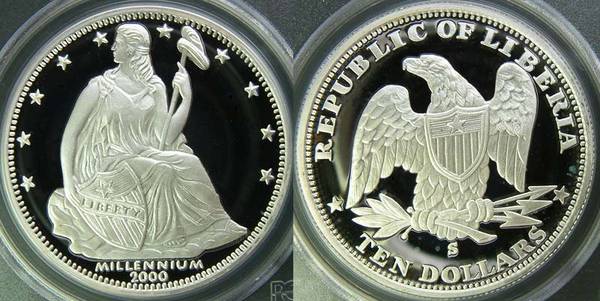 Liberia - Seated Liberty Dollar w/Stars, $10